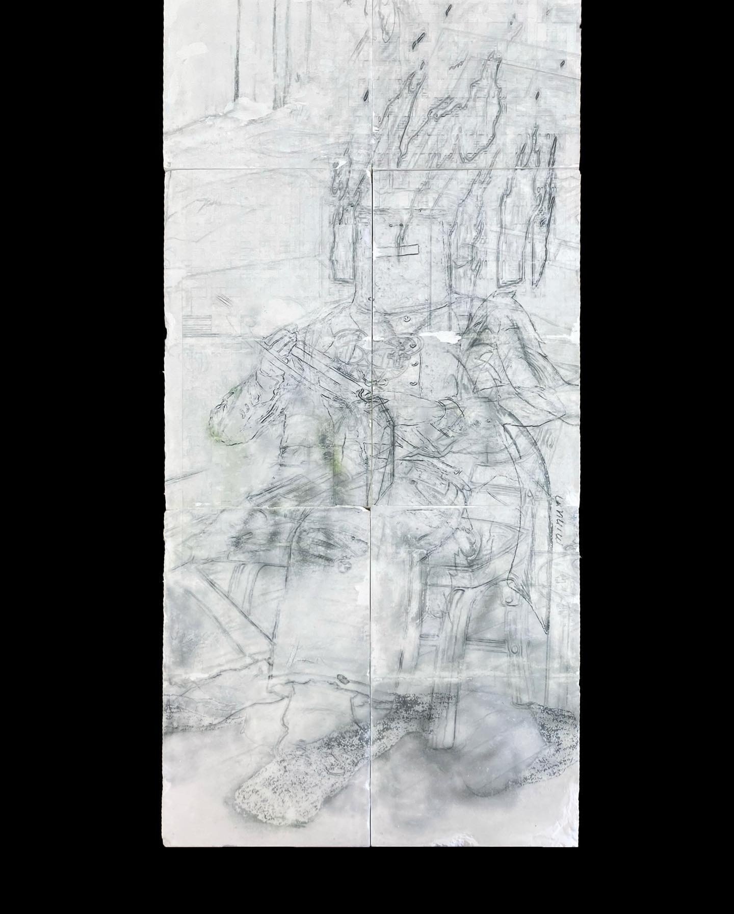 A sketch of a figure playing a musical instrument is layered with abstract, dynamic lines and shapes on a textured background.
